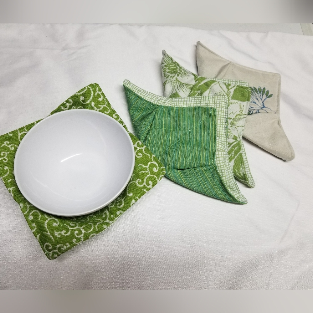 4 Bowl Cozies, Holders, Kitchen Linens, Green, Handmade